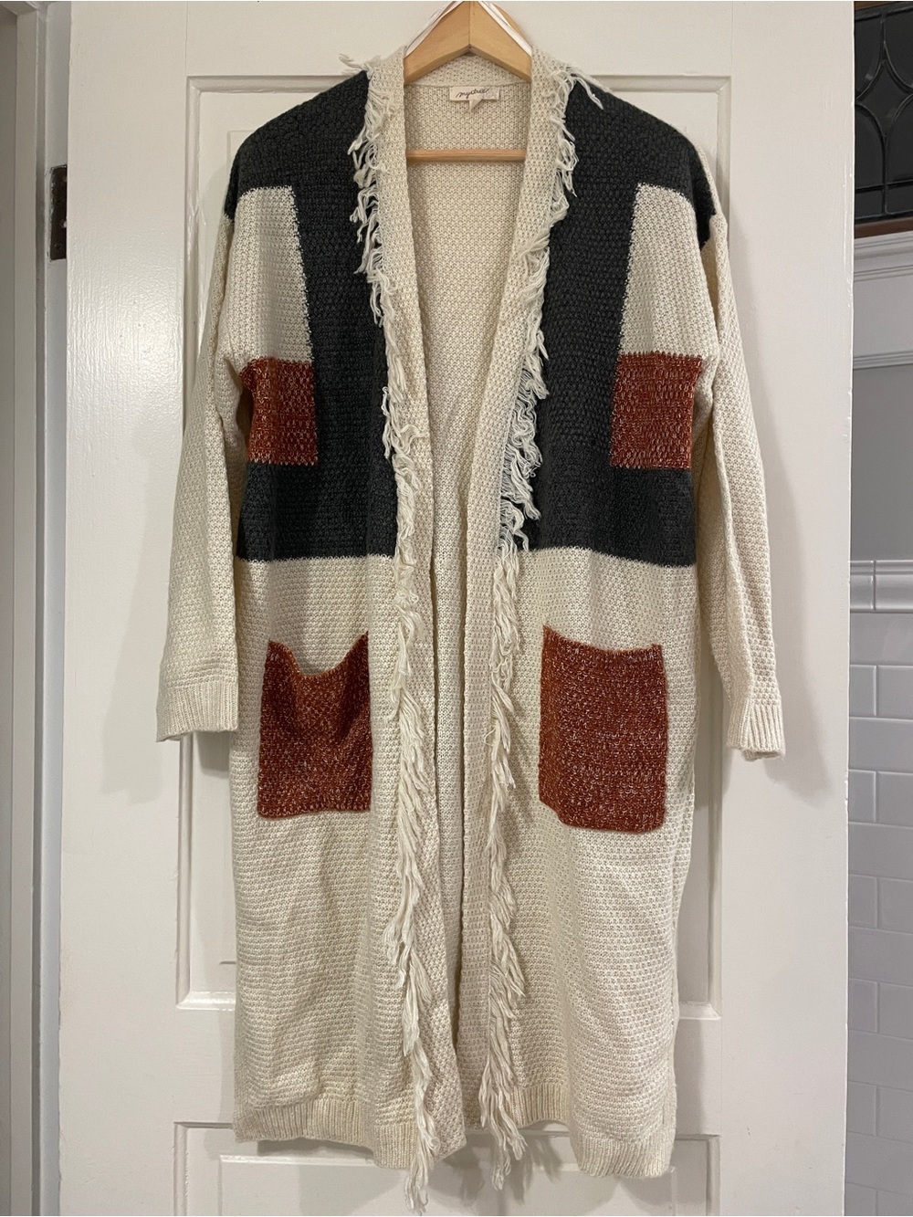 Mystree Boho Colorblock Fringe Open Front Long Duster Cardigan Sweater Size L